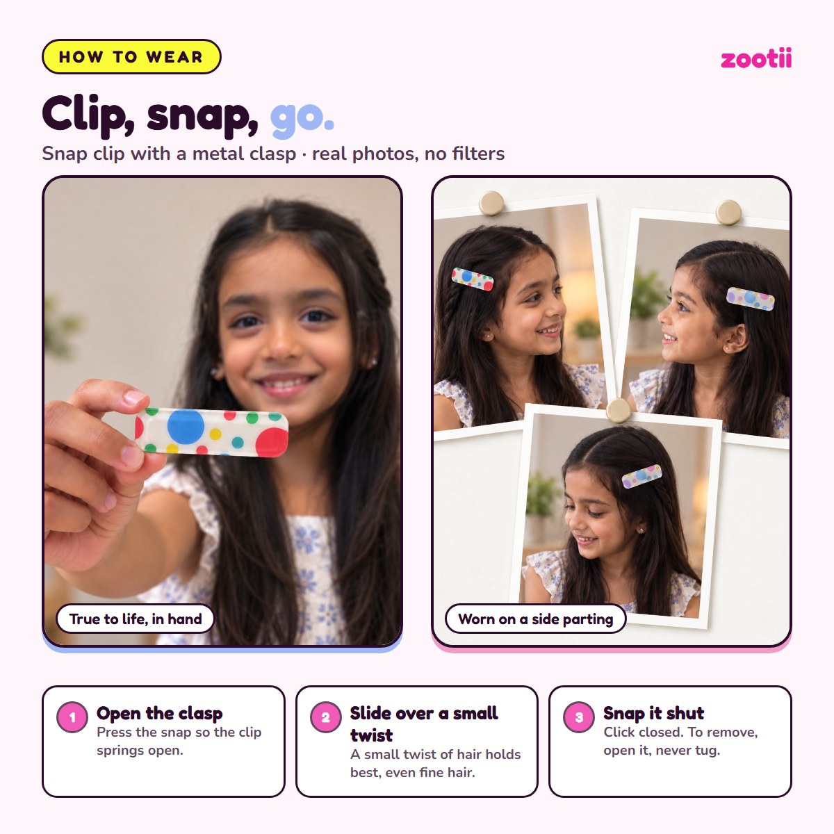 How to wear Circles Pastel snap hair clips: open the clasp, slide over a small twist of hair, snap shut