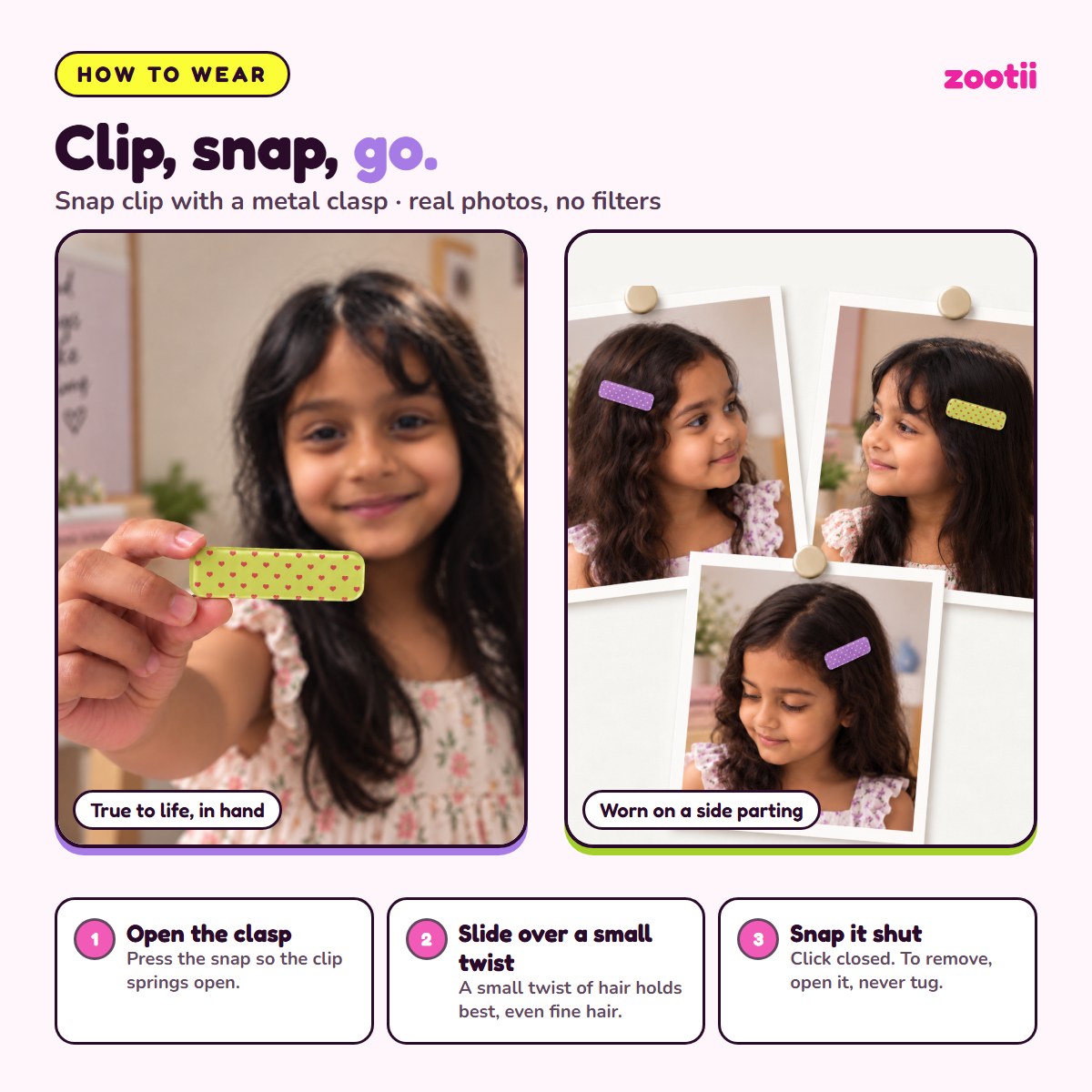 How to wear Polka Green Purple snap hair clips: open the clasp, slide over a small twist of hair, snap shut