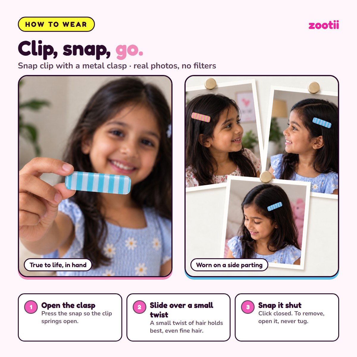 How to wear Stripes Blue Pink snap hair clips: open the clasp, slide over a small twist of hair, snap shut