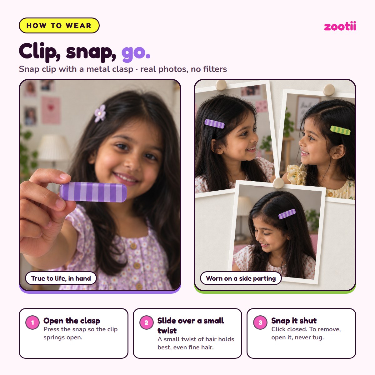 How to wear Stripes Purple Green snap hair clips: open the clasp, slide over a small twist of hair, snap shut