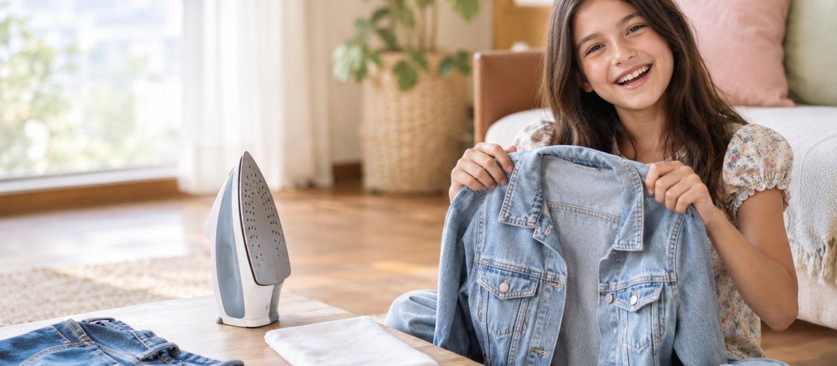 A smiling girl holds up a light denim jacket next to an iron, a cotton pressing cloth and small patches, ready to iron on patches at home