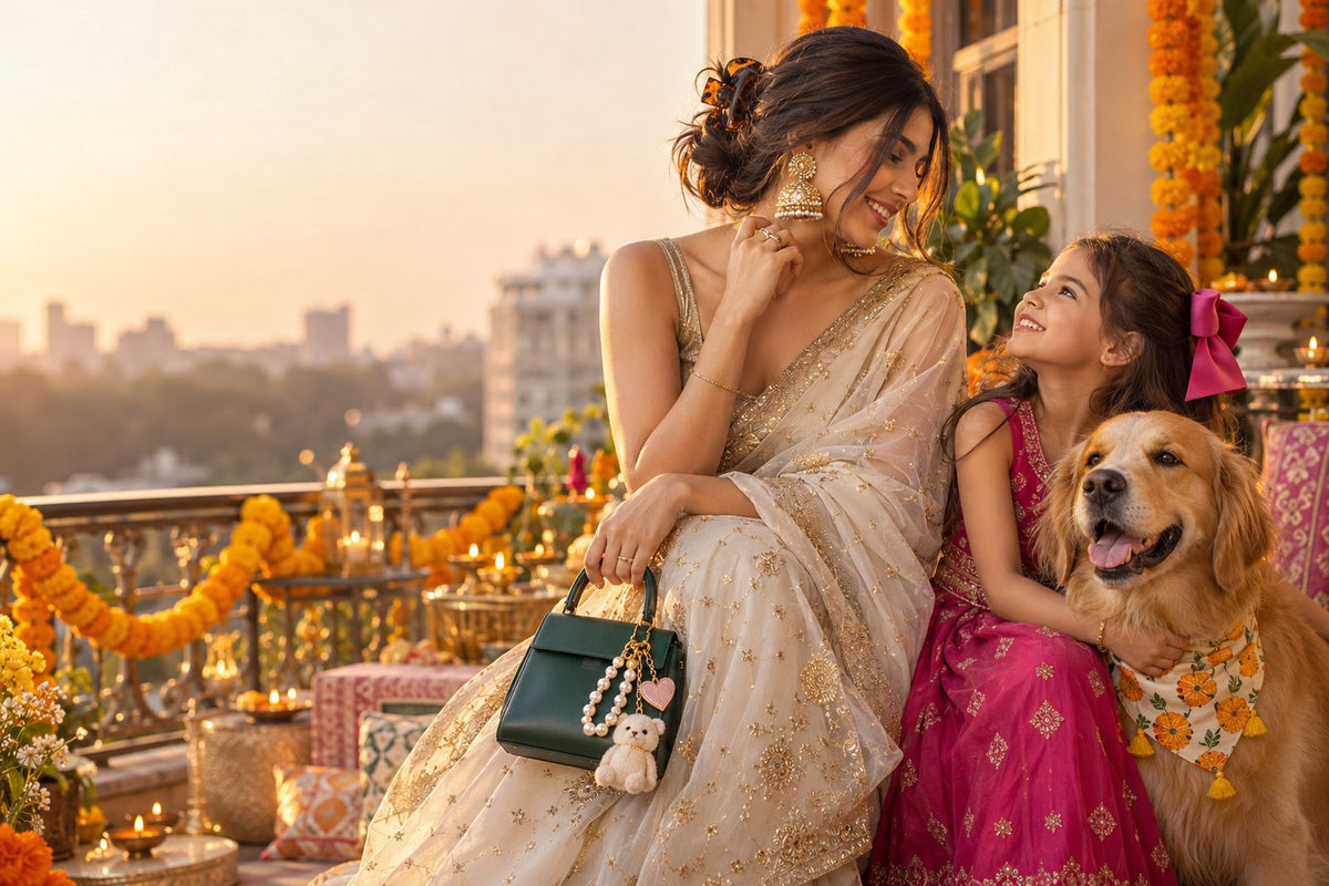 Zootii Trends festive issue: woman in an ivory organza saree with gold jhumkas, claw clip and charm-stacked mini bag, a girl with a pink satin bow and a golden retriever in a marigold bandana