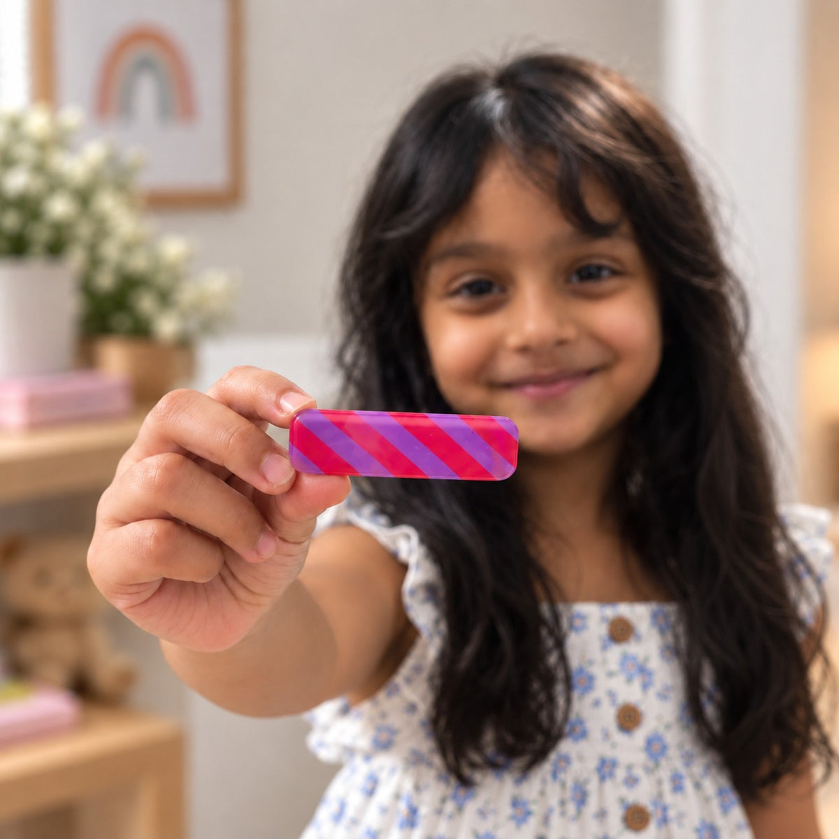 Stripes Purple Pink hair clip by Zootii held in hand: purple and pink diagonal-stripe snap clip