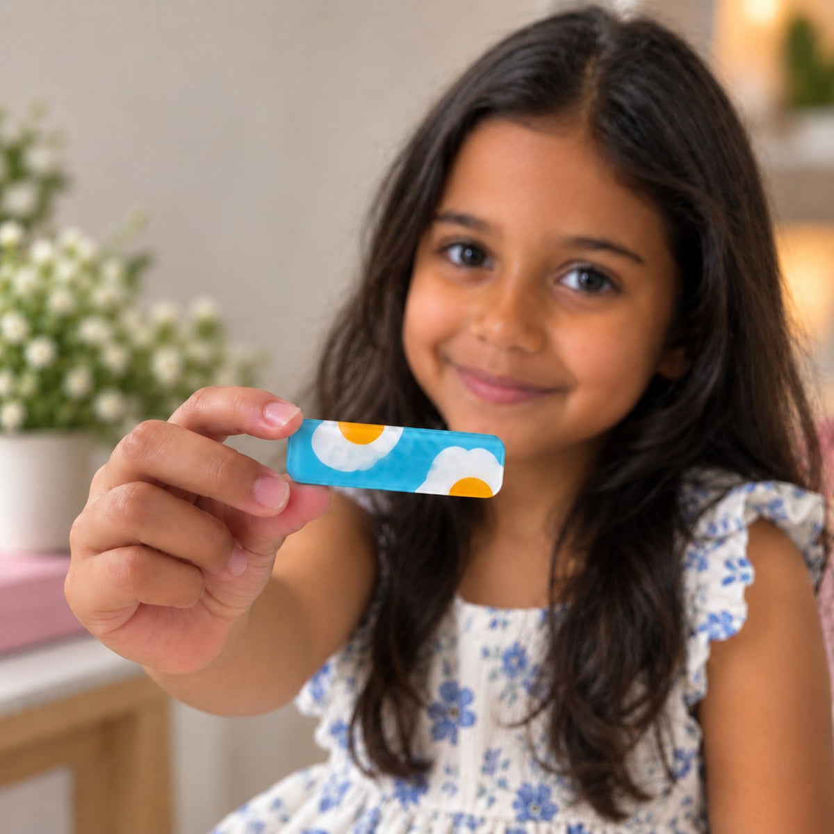 Breakfast hair clip by Zootii held in hand: sky blue clip with sunny-side-up eggs