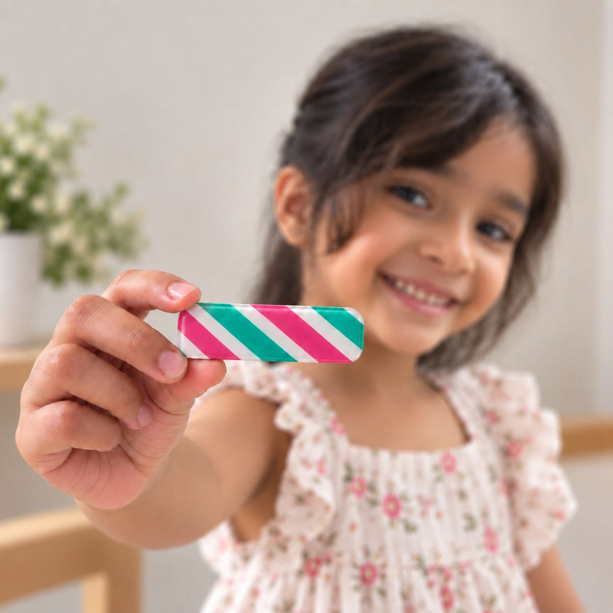 Candy Slant hair clip by Zootii held in hand: pink, green and white diagonal candy-stripe clip