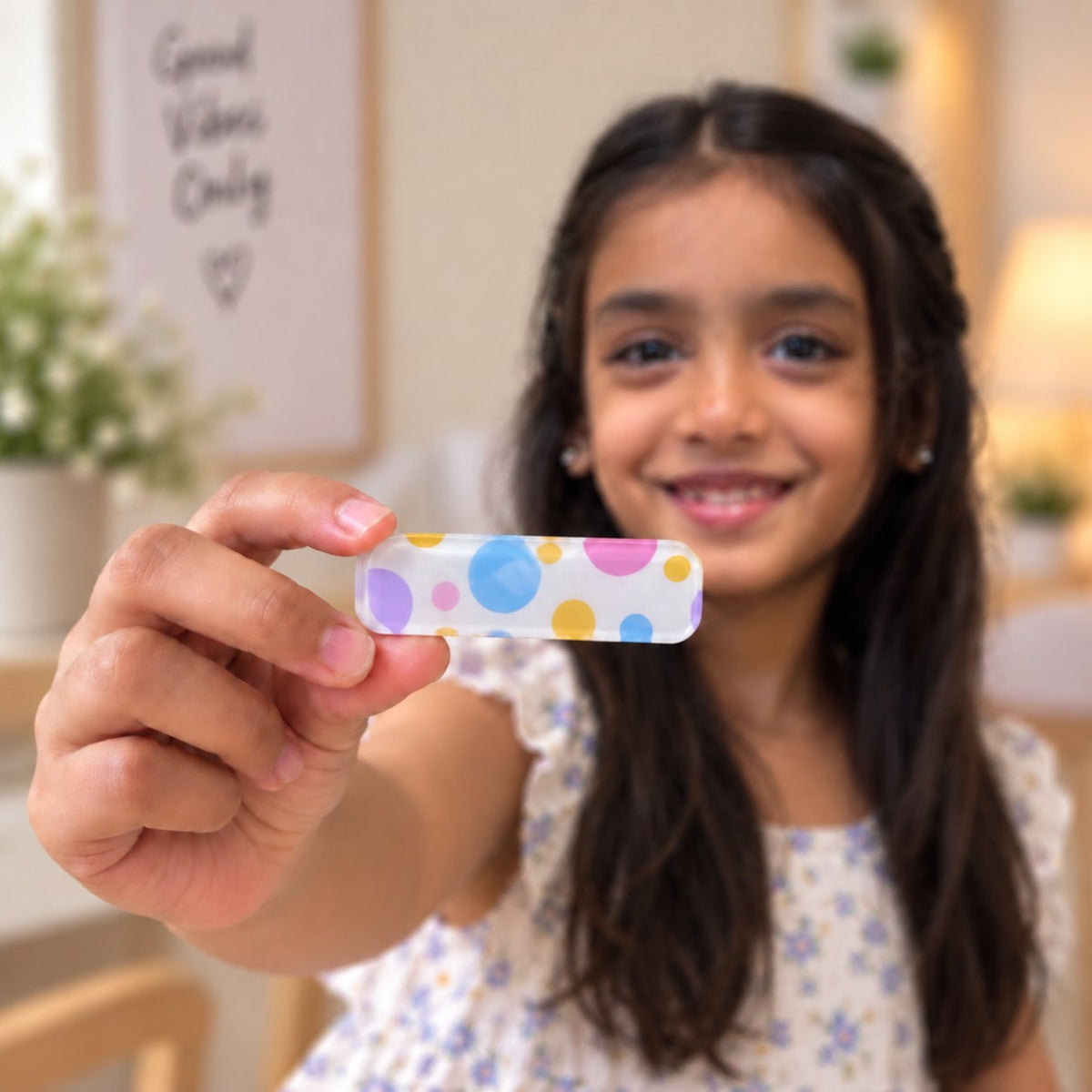 Circles Pastel hair clip by Zootii held in hand: white clip with pastel dots in lilac, pink, sky blue and yellow