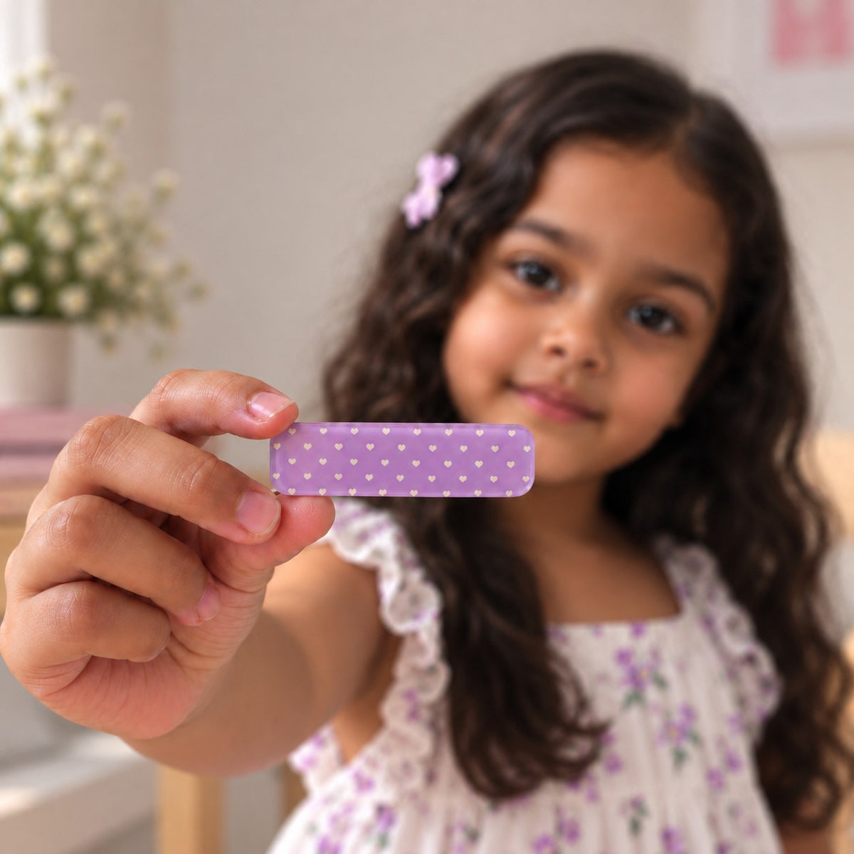 Polka Green Purple hair clip by Zootii held in hand: lilac clip with rows of tiny white hearts