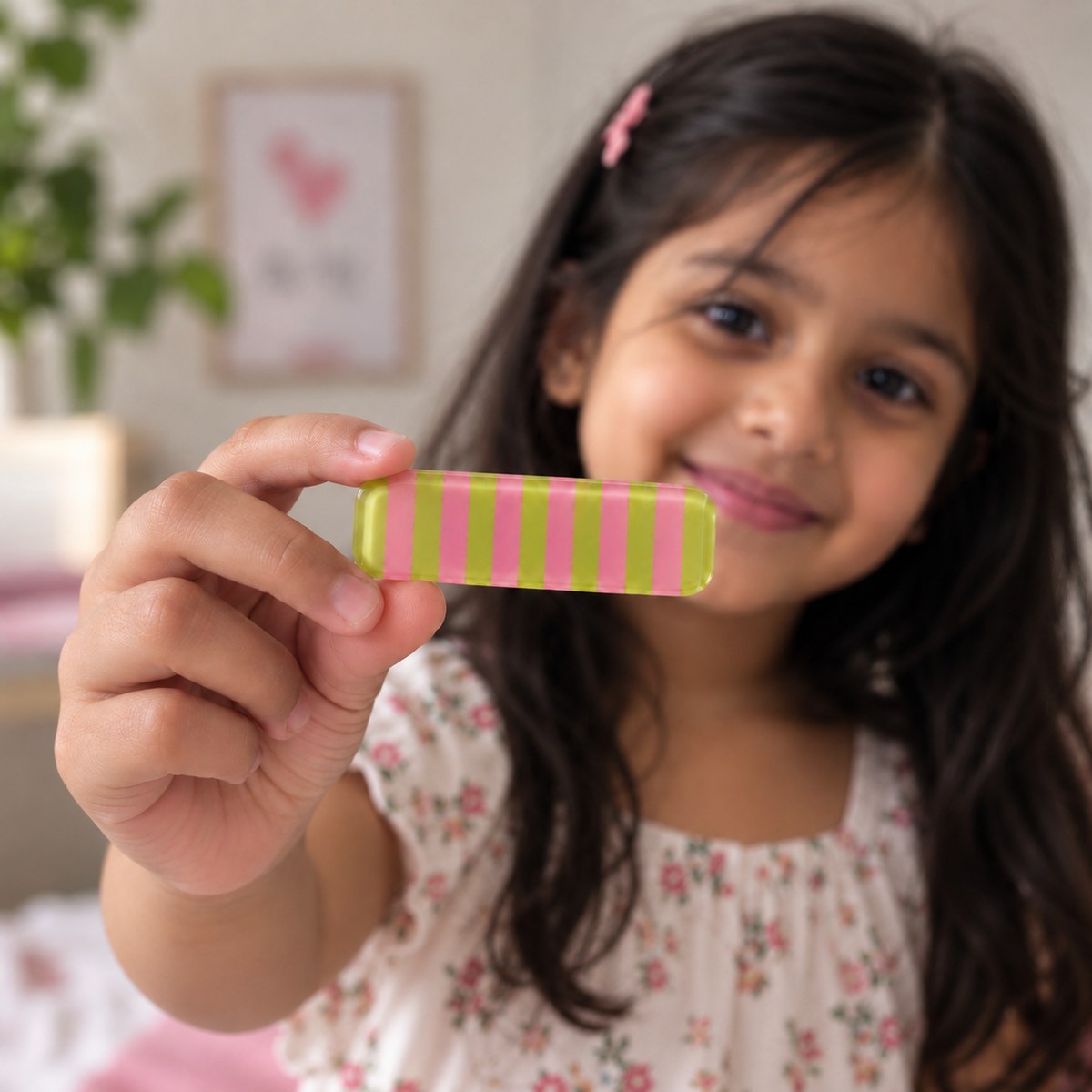Stripes Blue Pink hair clip by Zootii held in hand: pink and lime green straight-stripe clip