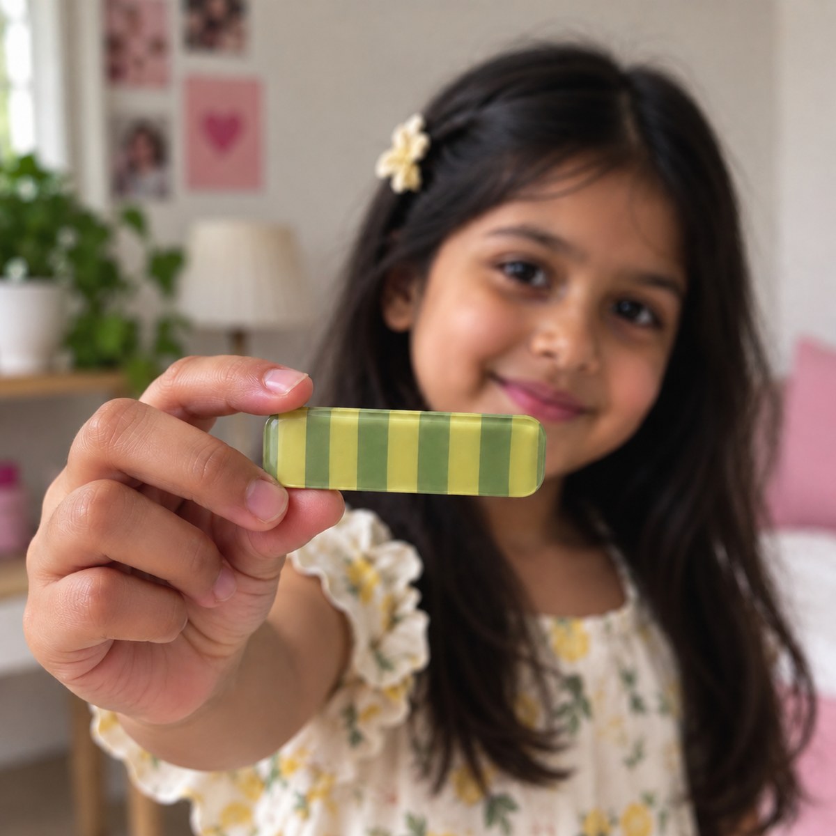 Stripes Purple Green hair clip by Zootii held in hand: green and yellow-green straight-stripe clip