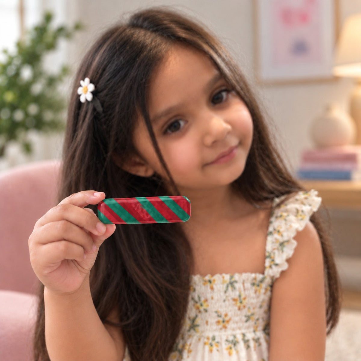 Stripes Purple Pink hair clip by Zootii held in hand: red and green diagonal-stripe clip, one of the colours pictured