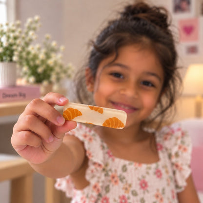 Breakfast hair clip by Zootii held in hand: cream clip with orange croissants