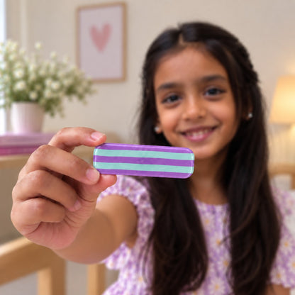 Candy Stripe hair clip by Zootii held in hand: mint and purple horizontal-stripe clip