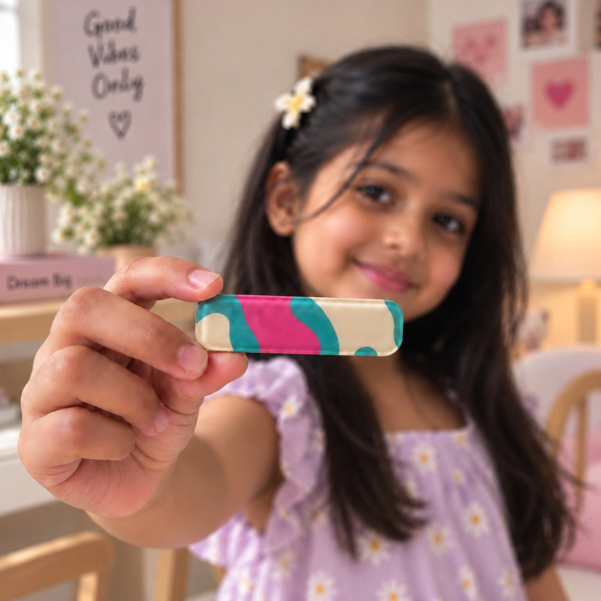 Candy Swirl hair clip by Zootii held in hand: pastel wavy swirl clip in cream with pink and teal