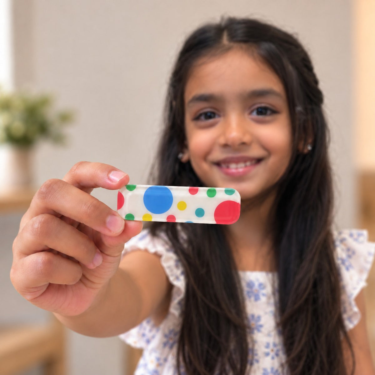 Circles Pastel hair clip by Zootii held in hand: white clip with bright red, blue, yellow and green dots