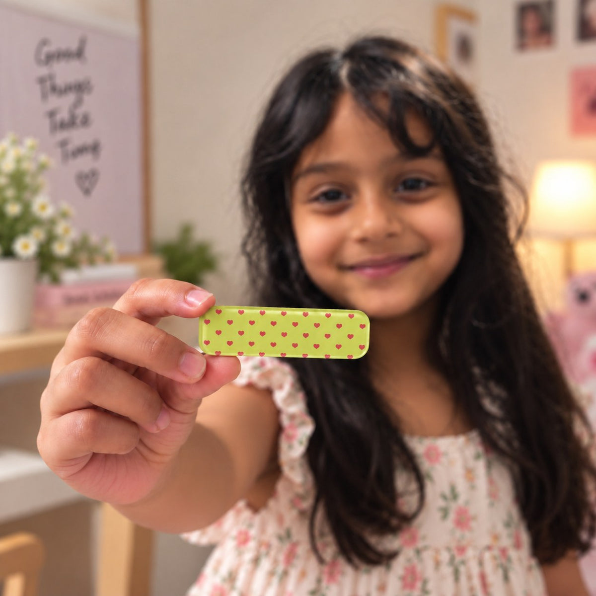 Polka Green Purple hair clip by Zootii held in hand: lime green clip with rows of tiny pink hearts
