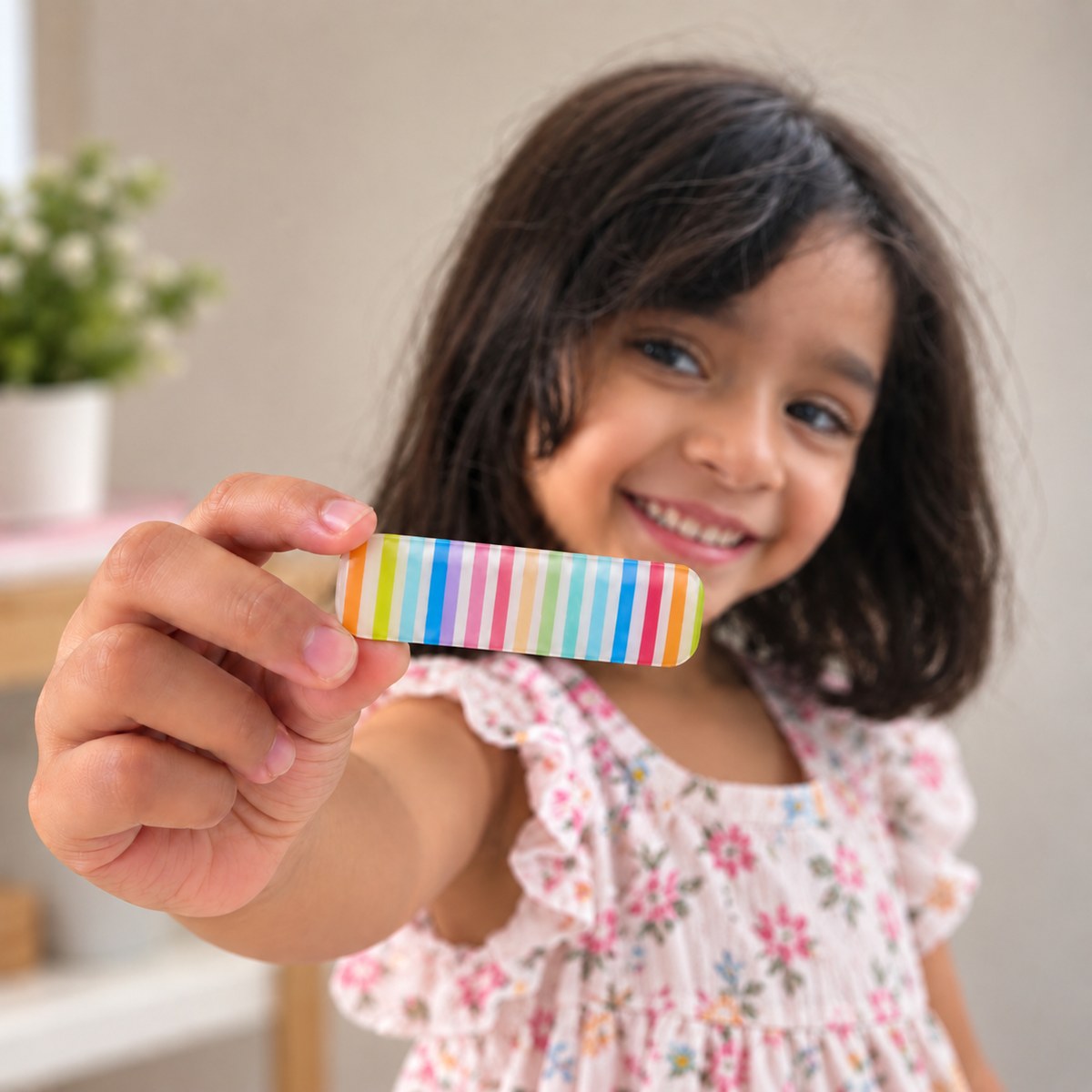 Rainbow hair clip by Zootii held in hand: white clip with brighter rainbow stripes in orange, yellow, green, blue, pink and red
