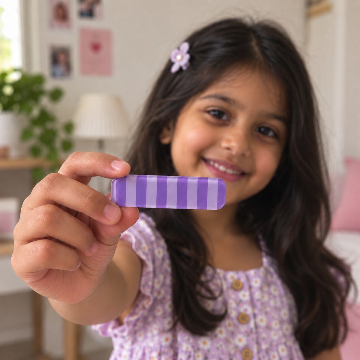 Stripes Purple Green hair clip by Zootii held in hand: purple and lilac straight-stripe clip