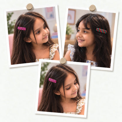 Stripes Purple Pink hair clips worn on a side parting, photo collage showing the purple-pink and the red-green diagonal-stripe clips