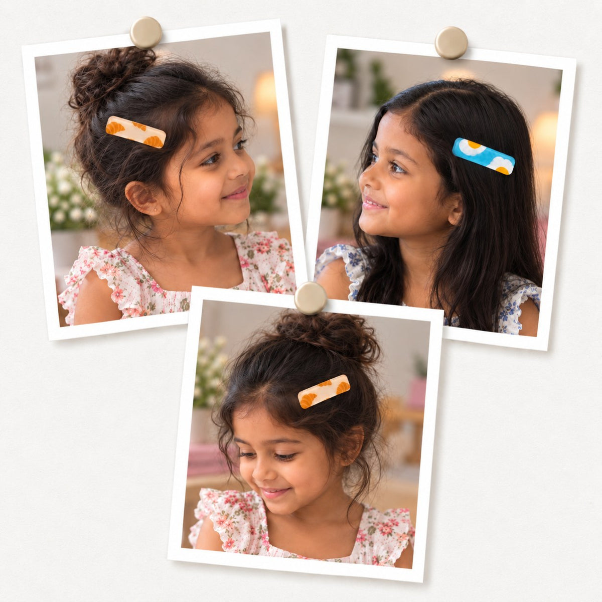 Breakfast hair clips worn in the hair, photo collage showing the croissant clip and the sunny-side-up egg clip