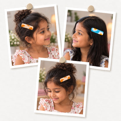 Breakfast hair clips worn in the hair, photo collage showing the croissant clip and the sunny-side-up egg clip