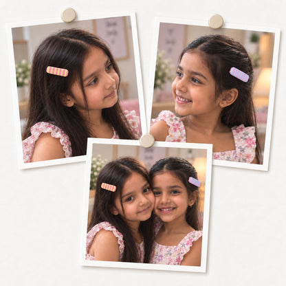 Bubble Mint hair clips worn by two sisters, photo collage showing the pink-yellow and the pink-blue candy-stripe clips