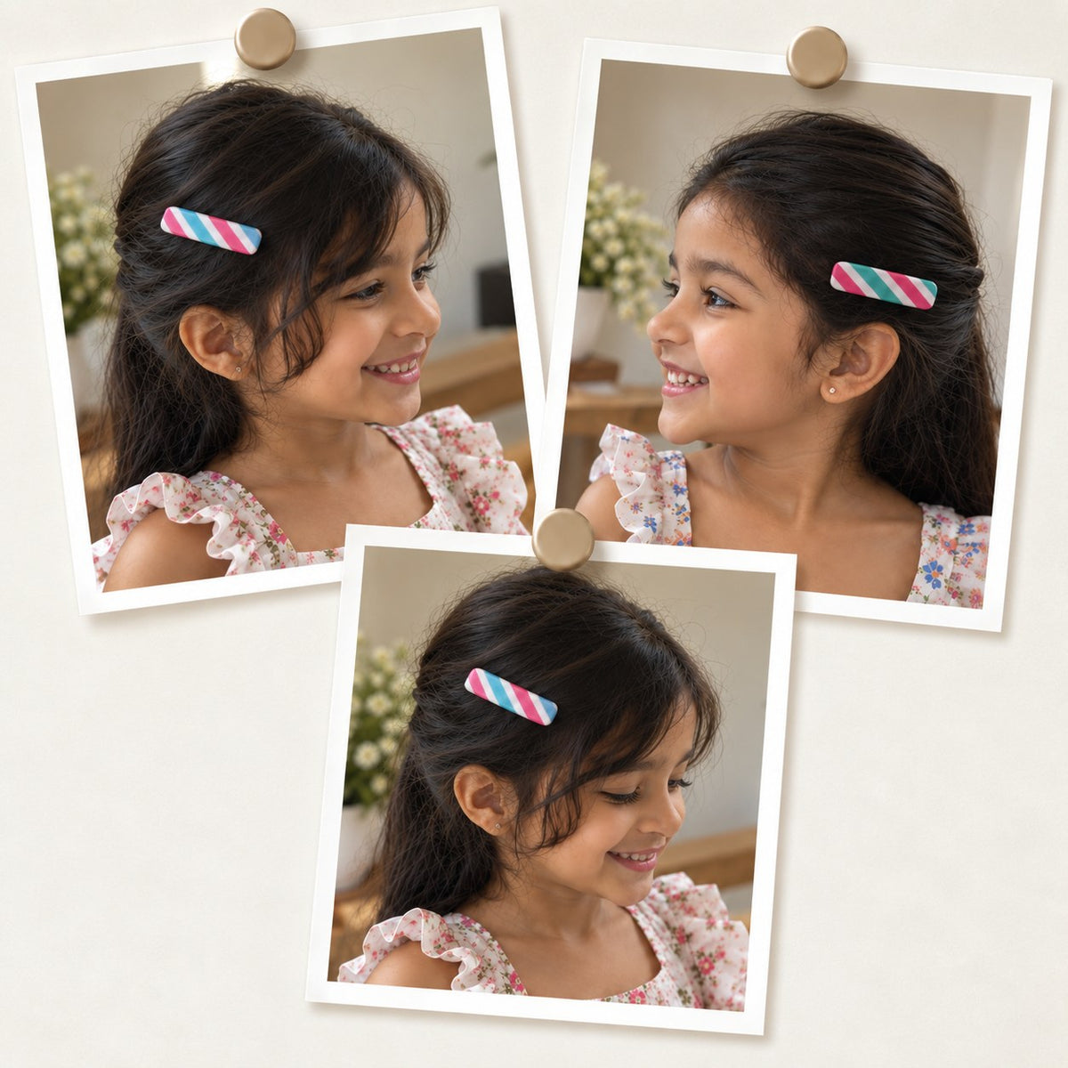 Candy Slant hair clips worn on a side parting, photo collage showing the diagonal candy-stripe clip