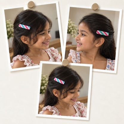 Candy Slant hair clips worn on a side parting, photo collage showing the diagonal candy-stripe clip
