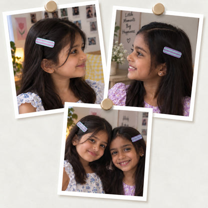 Candy Stripe hair clips worn on a side parting, photo collage showing the mint and pink and the mint and purple striped clips