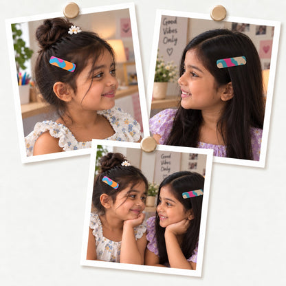 Candy Swirl hair clips worn in the hair, photo collage showing the bright pink, turquoise and orange clip and the cream, pink and teal clip