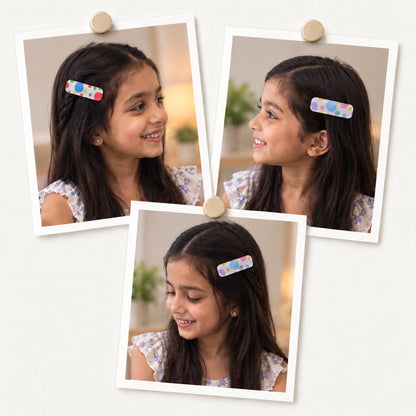 Circles Pastel hair clips worn in the hair, photo collage showing the pastel-dot and the bright-dot clips