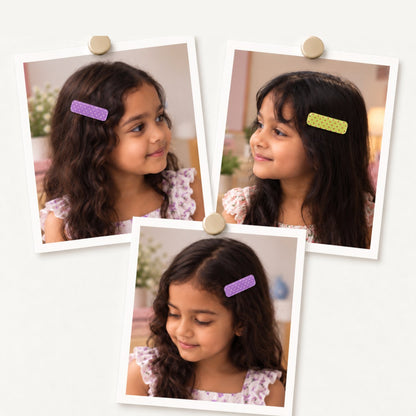 Polka Green Purple hair clips worn in the hair, photo collage showing the lilac and the lime green clips