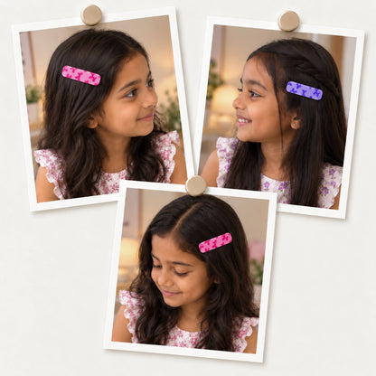 Poodle hair clips worn on a side parting, photo collage showing the pink and the purple poodle clips