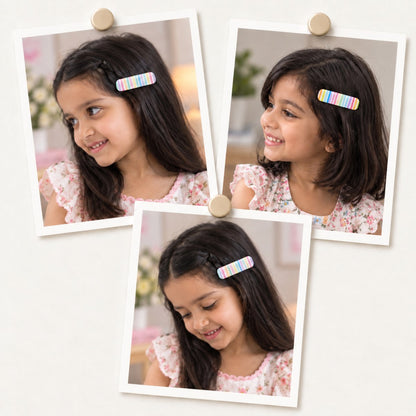 Rainbow hair clips worn on a side parting, photo collage showing the pastel and the brighter rainbow-stripe clips