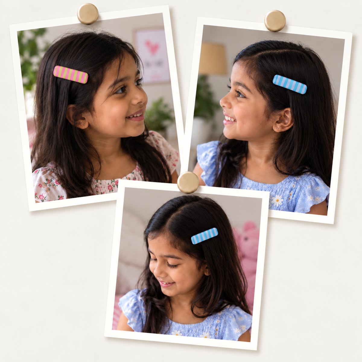 Stripes Blue Pink hair clips worn on a side parting, photo collage showing the pink-green and the blue-white striped clips