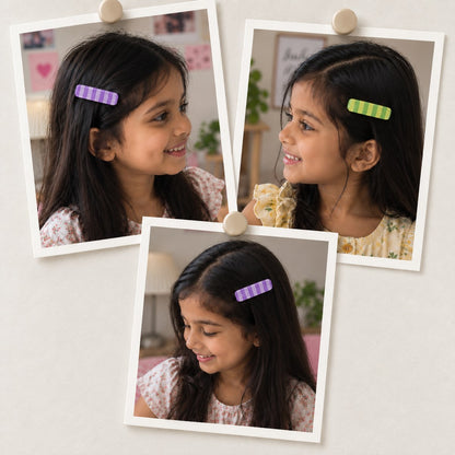 Stripes Purple Green hair clips worn on a side parting, photo collage showing the purple-lilac and the green striped clips