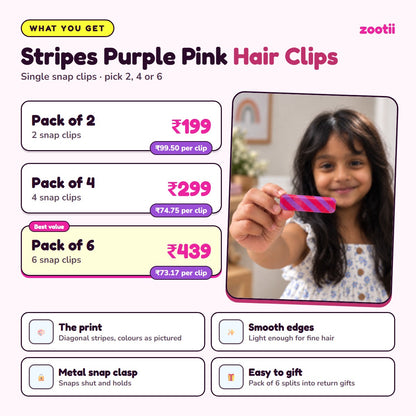 Stripes Purple Pink hair clips infographic: Pack of 2 Rs 199 (Rs 99.50 per clip), Pack of 4 Rs 299 (Rs 74.75 per clip), Pack of 6 Rs 439 (Rs 73.17 per clip), metal snap clasp, smooth edges