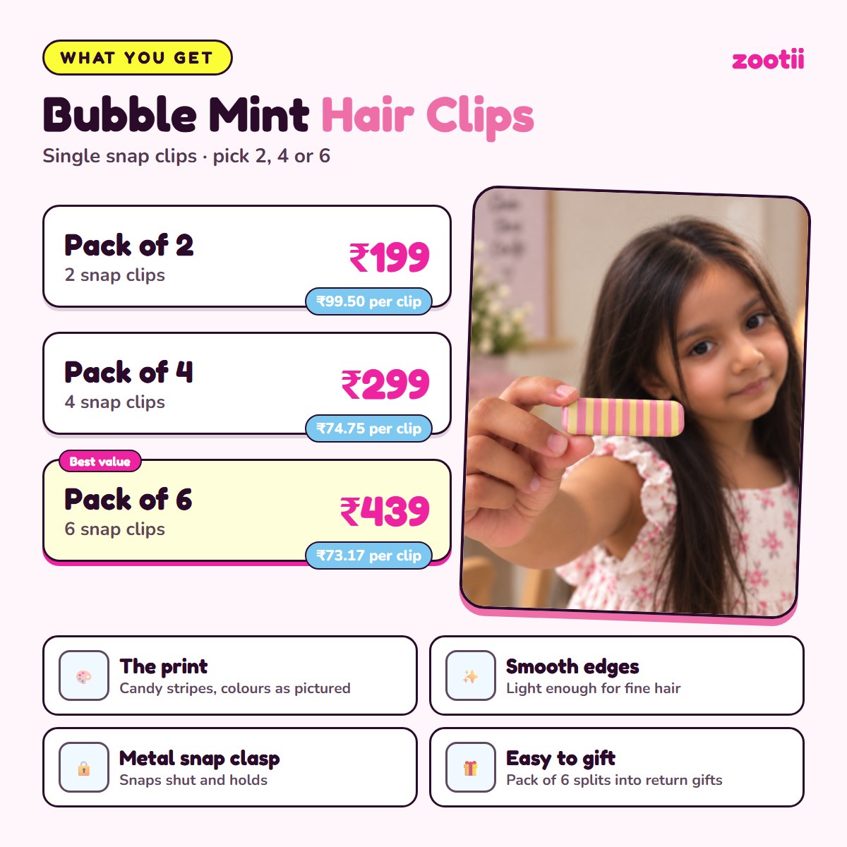 Bubble Mint hair clips infographic: Pack of 2 Rs 199 (Rs 99.50 per clip), Pack of 4 Rs 299 (Rs 74.75 per clip), Pack of 6 Rs 439 (Rs 73.17 per clip), metal snap clasp, smooth edges