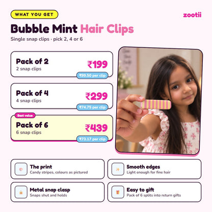 Bubble Mint hair clips infographic: Pack of 2 Rs 199 (Rs 99.50 per clip), Pack of 4 Rs 299 (Rs 74.75 per clip), Pack of 6 Rs 439 (Rs 73.17 per clip), metal snap clasp, smooth edges