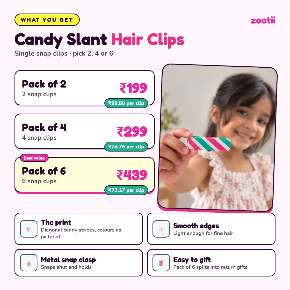 Candy Slant hair clips infographic: Pack of 2 Rs 199 (Rs 99.50 per clip), Pack of 4 Rs 299 (Rs 74.75 per clip), Pack of 6 Rs 439 (Rs 73.17 per clip), metal snap clasp, smooth edges