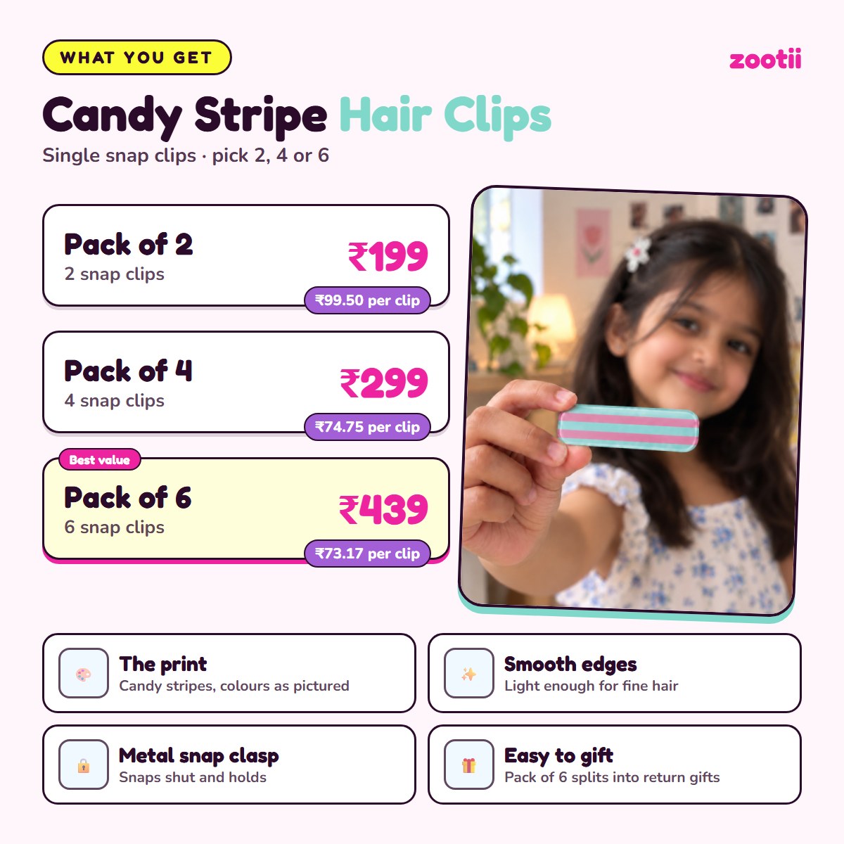 Candy Stripe hair clips infographic: Pack of 2 Rs 199 (Rs 99.50 per clip), Pack of 4 Rs 299 (Rs 74.75 per clip), Pack of 6 Rs 439 (Rs 73.17 per clip), metal snap clasp, smooth edges