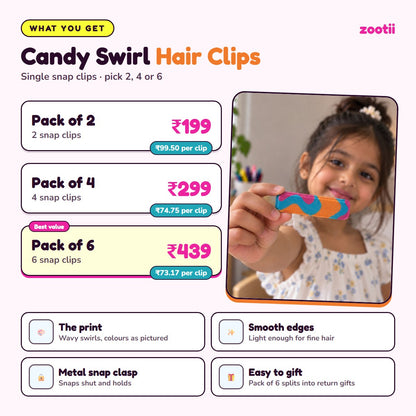 Candy Swirl hair clips infographic: Pack of 2 Rs 199 (Rs 99.50 per clip), Pack of 4 Rs 299 (Rs 74.75 per clip), Pack of 6 Rs 439 (Rs 73.17 per clip), metal snap clasp, smooth edges