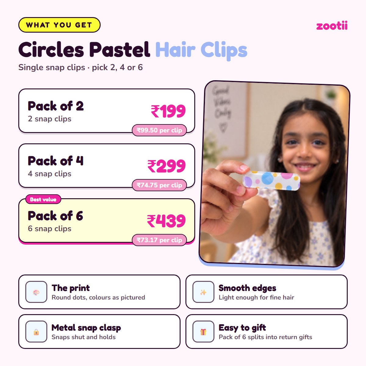 Circles Pastel hair clips infographic: Pack of 2 Rs 199 (Rs 99.50 per clip), Pack of 4 Rs 299 (Rs 74.75 per clip), Pack of 6 Rs 439 (Rs 73.17 per clip), metal snap clasp, smooth edges