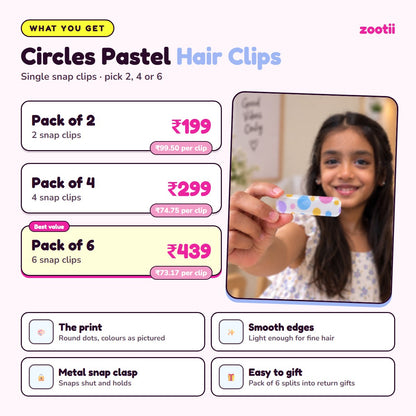 Circles Pastel hair clips infographic: Pack of 2 Rs 199 (Rs 99.50 per clip), Pack of 4 Rs 299 (Rs 74.75 per clip), Pack of 6 Rs 439 (Rs 73.17 per clip), metal snap clasp, smooth edges