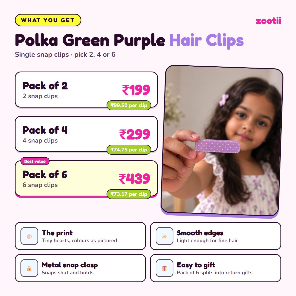 Polka Green Purple hair clips infographic: Pack of 2 Rs 199 (Rs 99.50 per clip), Pack of 4 Rs 299 (Rs 74.75 per clip), Pack of 6 Rs 439 (Rs 73.17 per clip), metal snap clasp, smooth edges