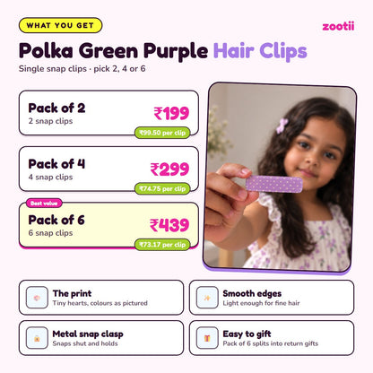 Polka Green Purple hair clips infographic: Pack of 2 Rs 199 (Rs 99.50 per clip), Pack of 4 Rs 299 (Rs 74.75 per clip), Pack of 6 Rs 439 (Rs 73.17 per clip), metal snap clasp, smooth edges