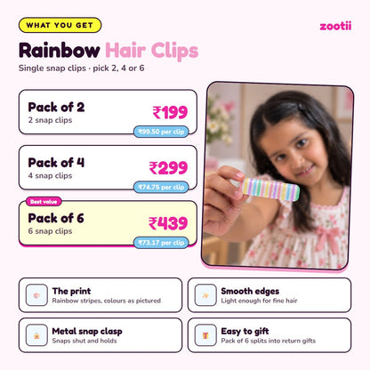 Rainbow hair clips infographic: Pack of 2 Rs 199 (Rs 99.50 per clip), Pack of 4 Rs 299 (Rs 74.75 per clip), Pack of 6 Rs 439 (Rs 73.17 per clip), metal snap clasp, smooth edges