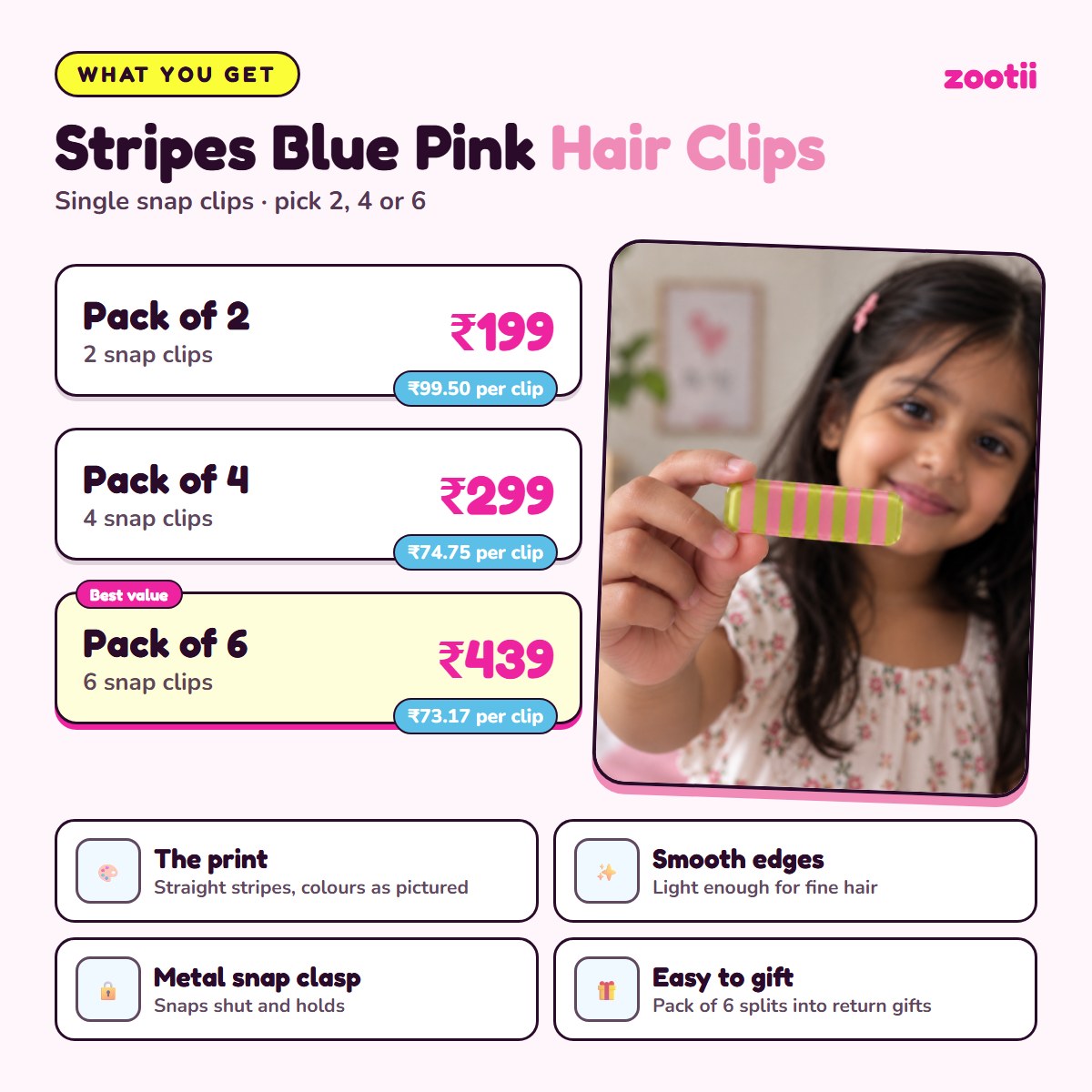 Stripes Blue Pink hair clips infographic: Pack of 2 Rs 199 (Rs 99.50 per clip), Pack of 4 Rs 299 (Rs 74.75 per clip), Pack of 6 Rs 439 (Rs 73.17 per clip), metal snap clasp, smooth edges