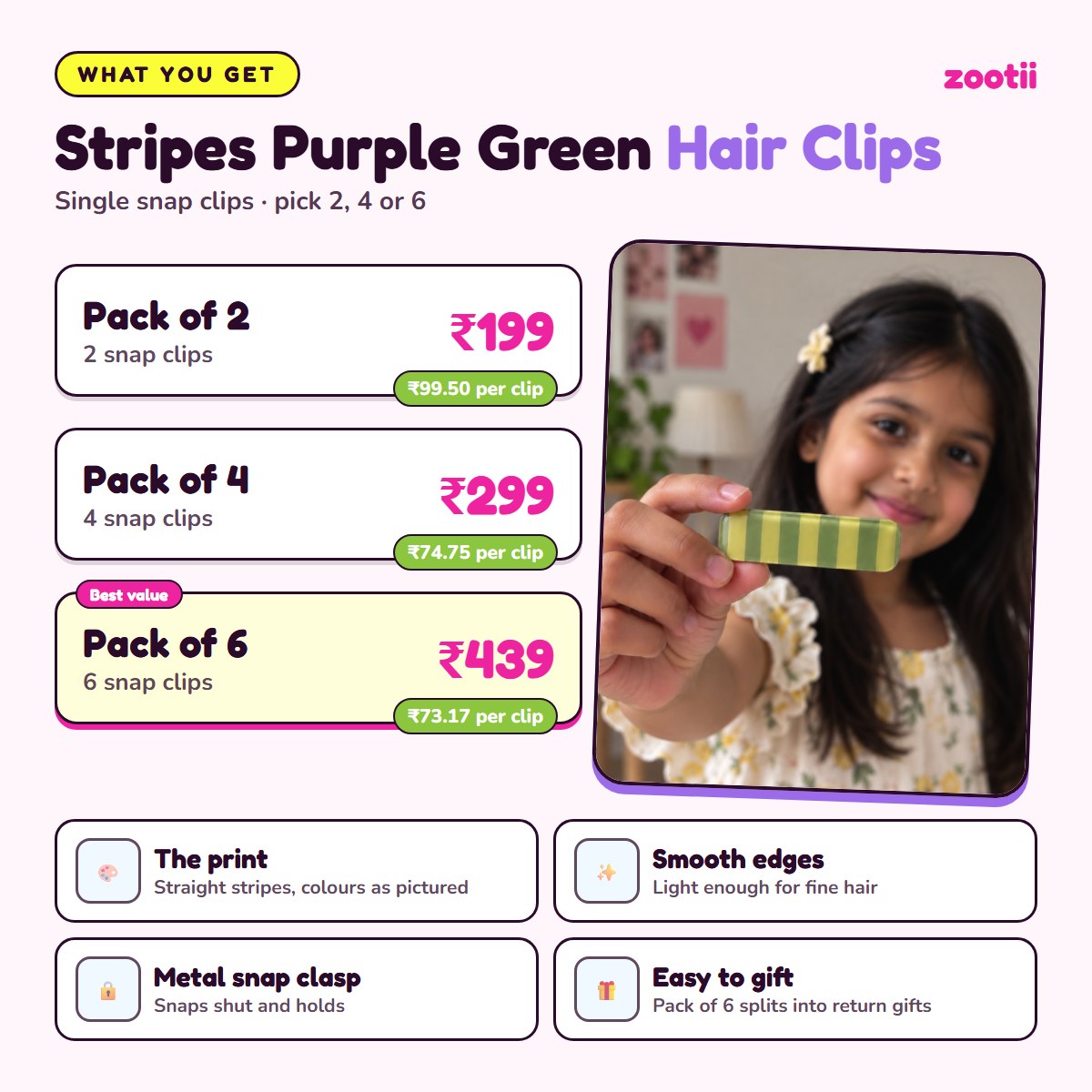 Stripes Purple Green hair clips infographic: Pack of 2 Rs 199 (Rs 99.50 per clip), Pack of 4 Rs 299 (Rs 74.75 per clip), Pack of 6 Rs 439 (Rs 73.17 per clip), metal snap clasp, smooth edges