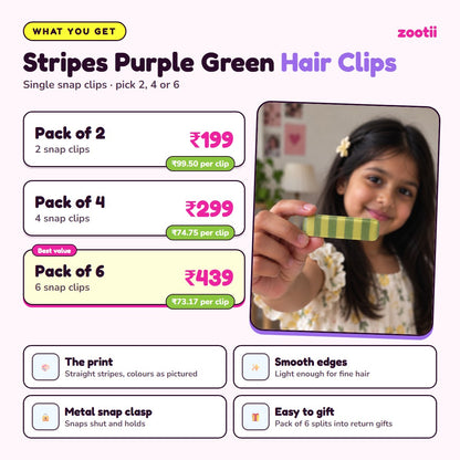 Stripes Purple Green hair clips infographic: Pack of 2 Rs 199 (Rs 99.50 per clip), Pack of 4 Rs 299 (Rs 74.75 per clip), Pack of 6 Rs 439 (Rs 73.17 per clip), metal snap clasp, smooth edges