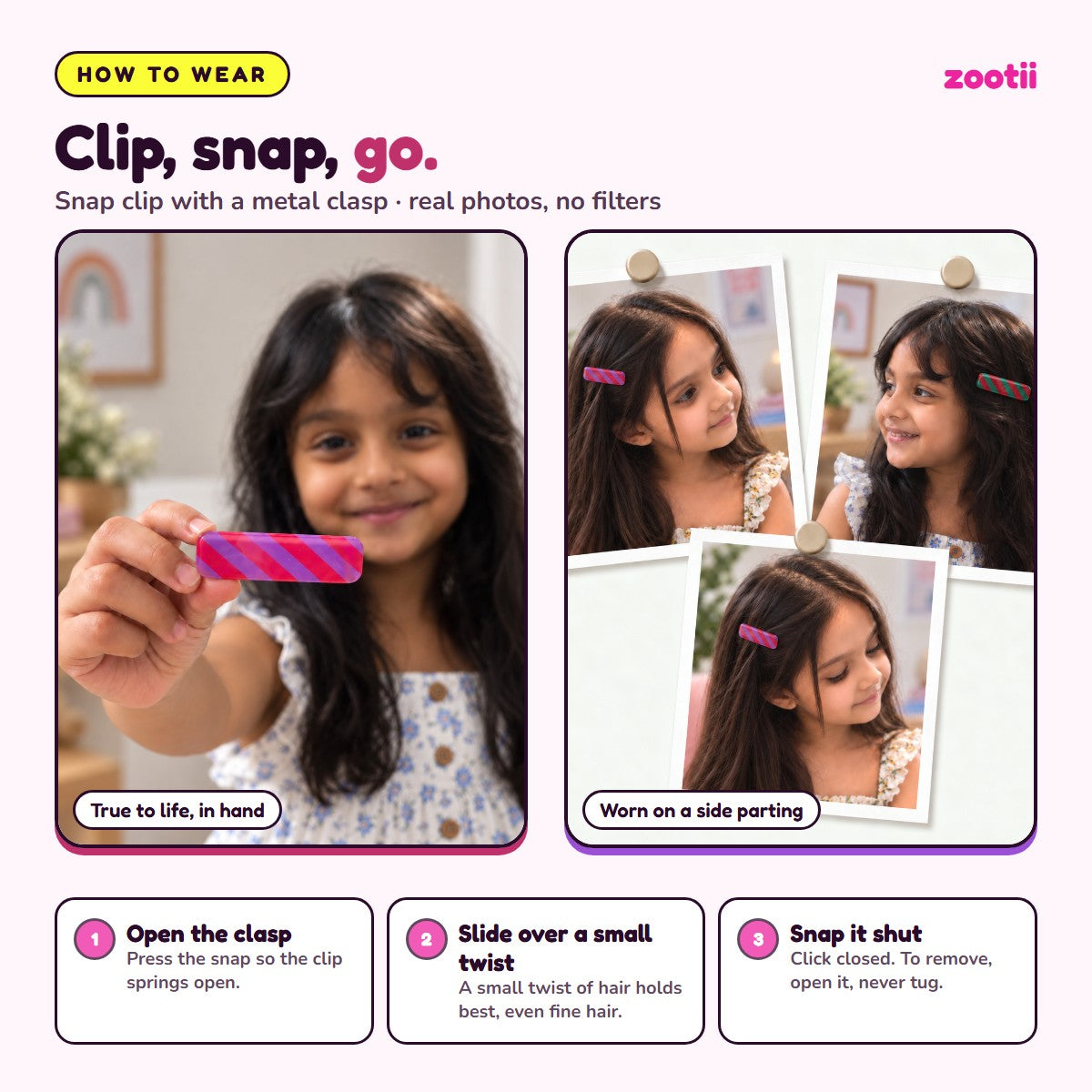 How to wear Stripes Purple Pink snap hair clips: open the clasp, slide over a small twist of hair, snap shut
